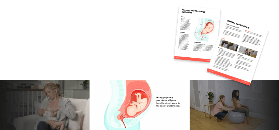 Top right, Tinyhood handouts. Bottom left, Woman breastfeeding. Bottom center, Graphic of a baby in the womb. Bottom right, Instructor working with a pregnant woman.